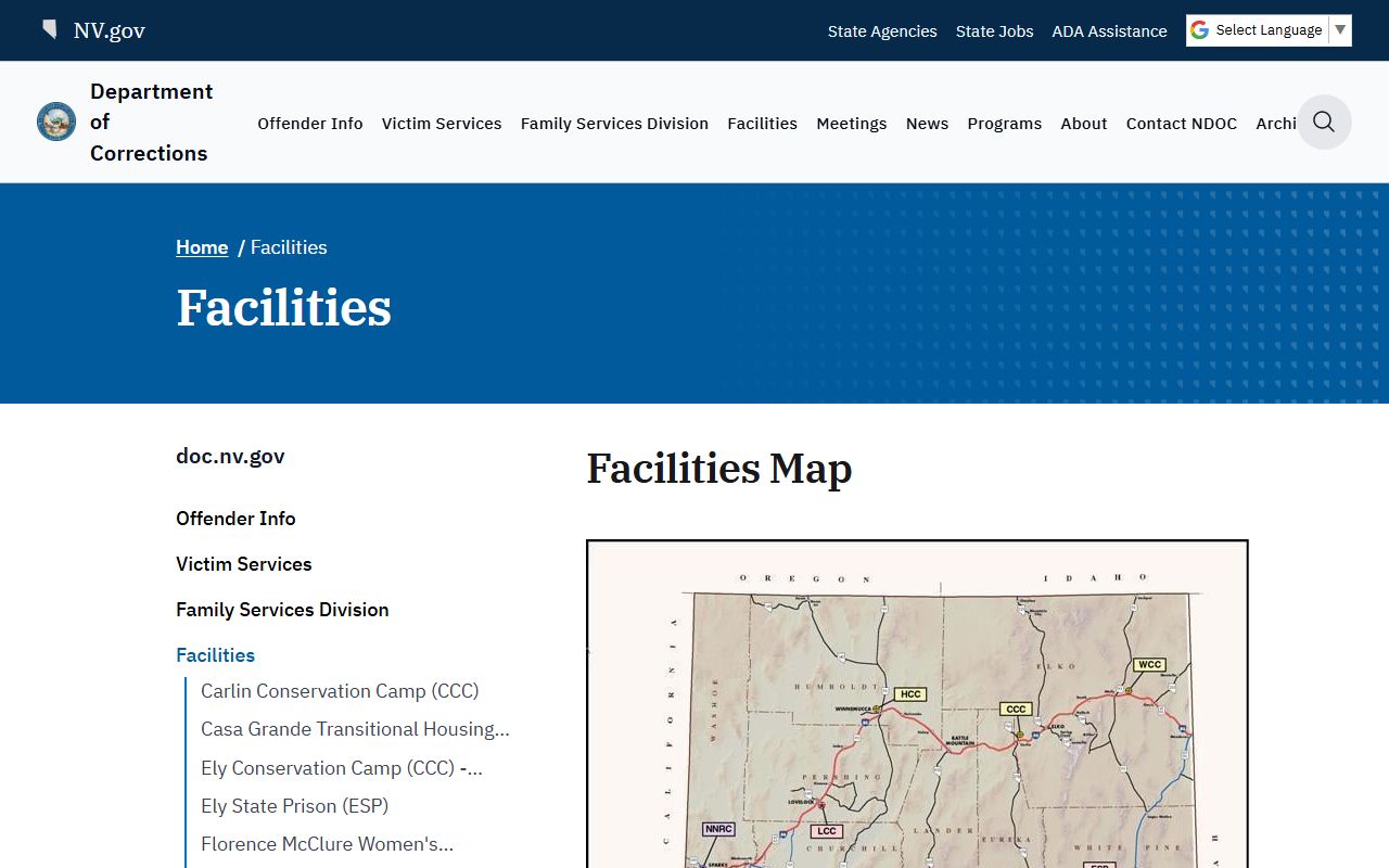 NDOC facilities index listing Pioche Conservation Camp visitation contact