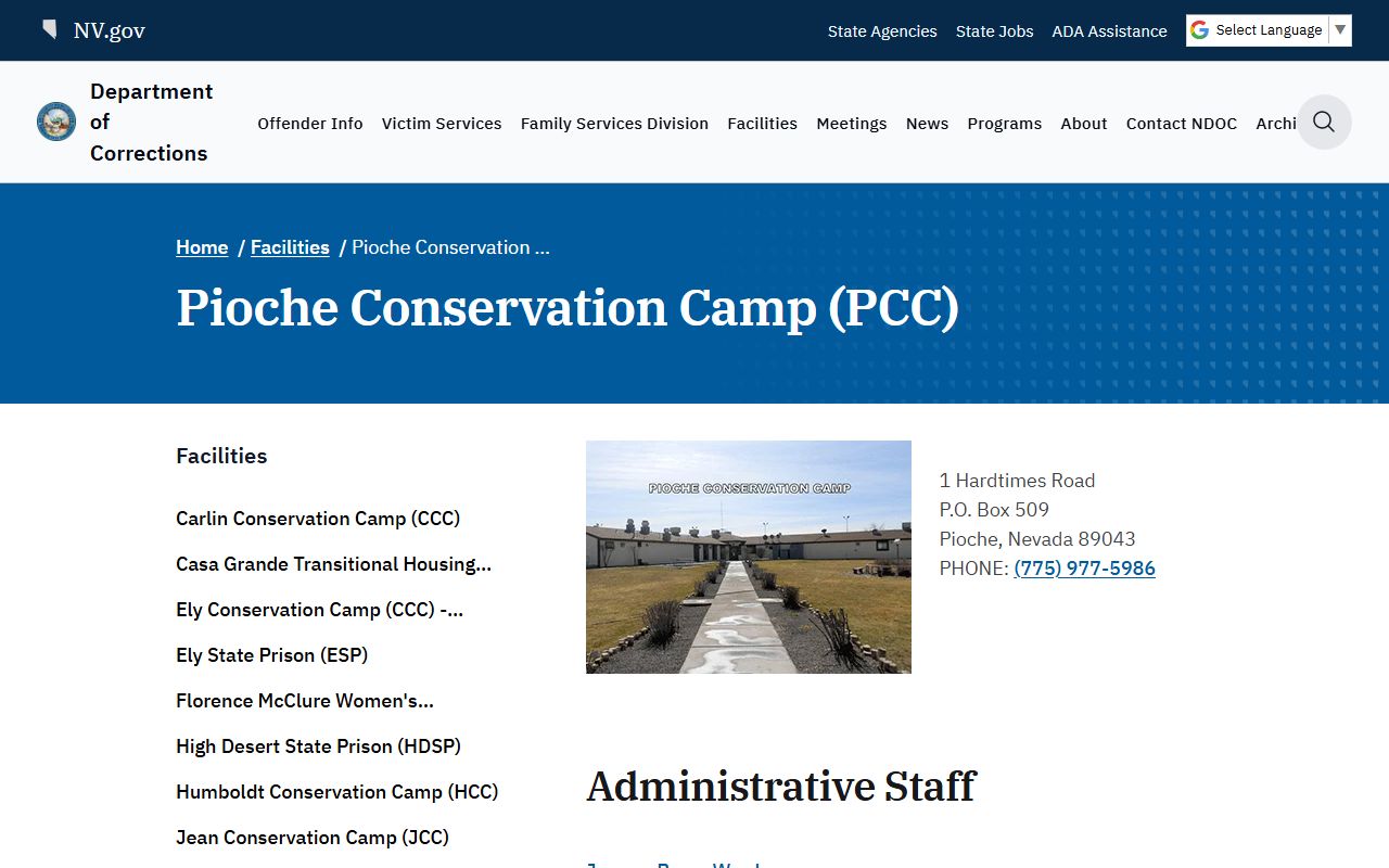 Pioche Conservation Camp NDOC inmate facility information